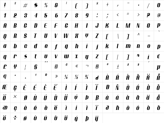 Ptarmigan Condensed Italic font glyphpreview