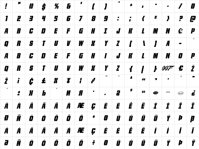 From BOND With Love Condensed Italic Condensed Italic font glyphpreview