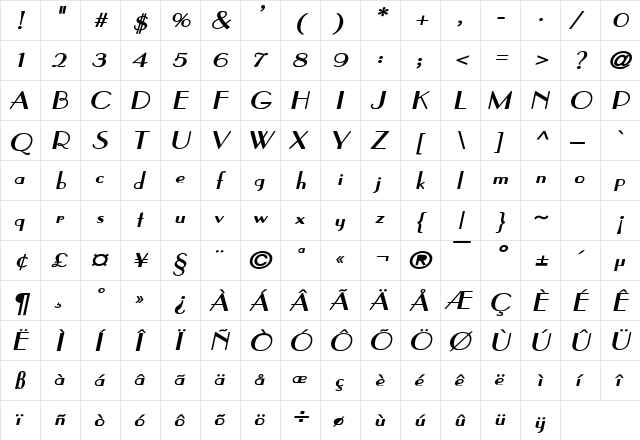 Paris Wide Bold Italic font glyphpreview