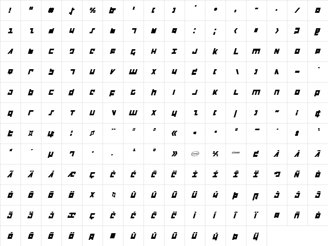Flight Corps Condensed Italic Condensed Italic font glyphpreview