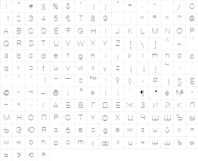 Vanta Thin Regular font glyphpreview