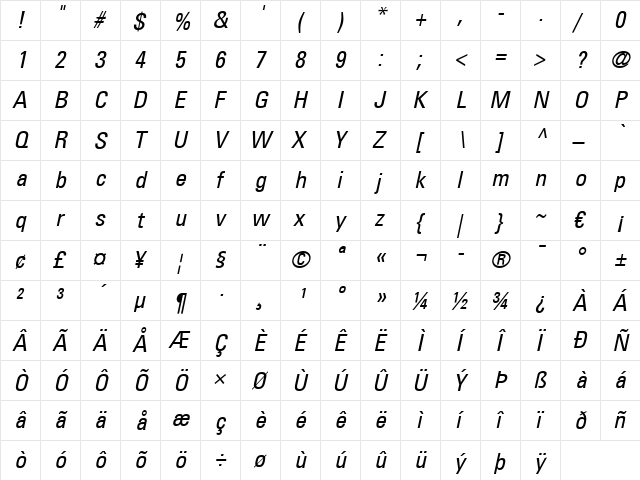 Univers LT 57 Condensed Italic font glyphpreview