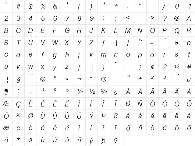 NimbusSanDLig Italic font glyphpreview