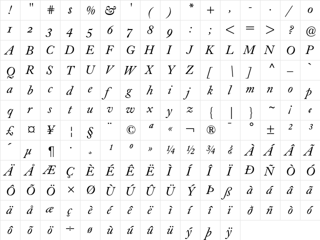 Caslon Book BE Italic Oldstyle Figures font glyphpreview