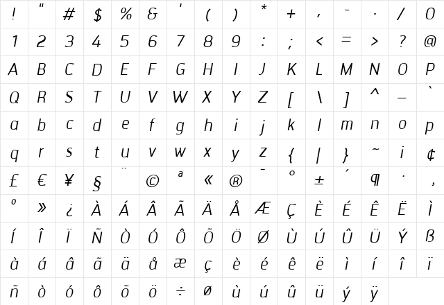 Tirana Italic Regular font glyphpreview
