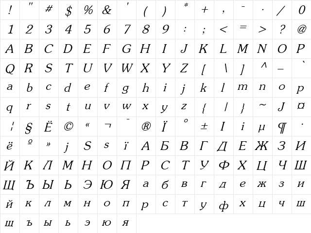 Prestige-Italic Oblique font glyphpreview