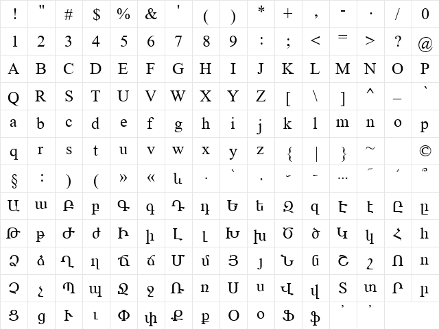 Times Armenian Regular font glyphpreview