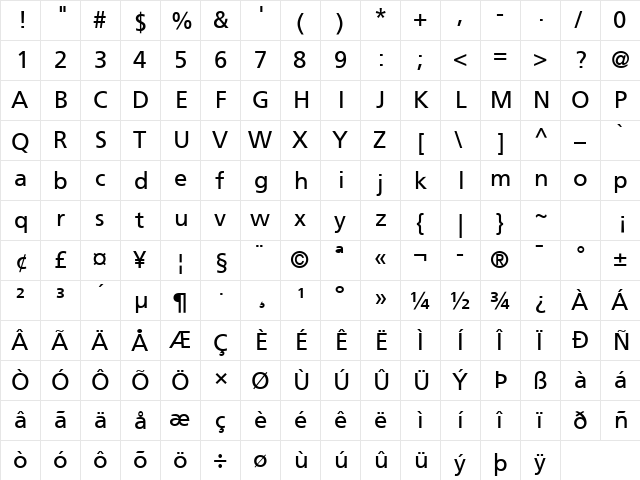 Frutiger LT Std 55 Roman font glyphpreview