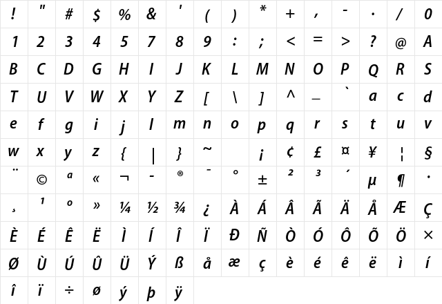 Myriad Pro Semibold SemiCondensed Italic font glyphpreview