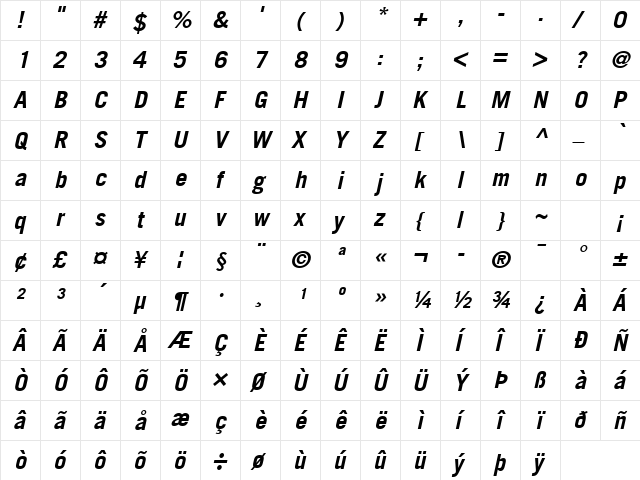 Trade Gothic LT Com Bold Oblique font glyphpreview