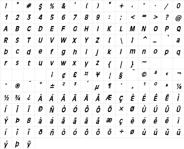 Antiqua 101-Condensed Bold Italic font glyphpreview