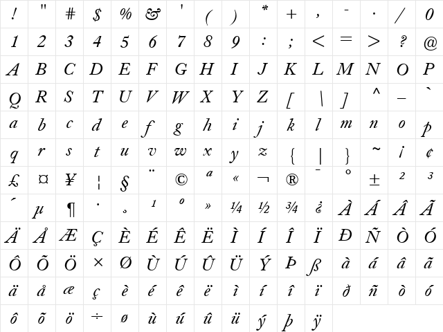 Caslon Book BE Italic font glyphpreview