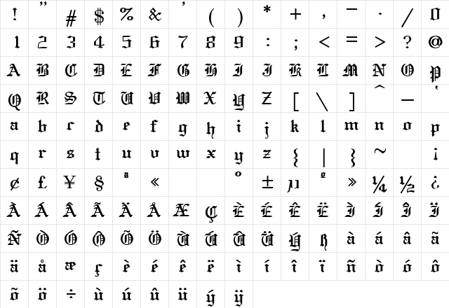 SWGothe Regular font glyphpreview